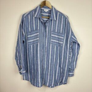 J. Jill Love Linen Oversized Blue Striped Button Down Shirt Coastal